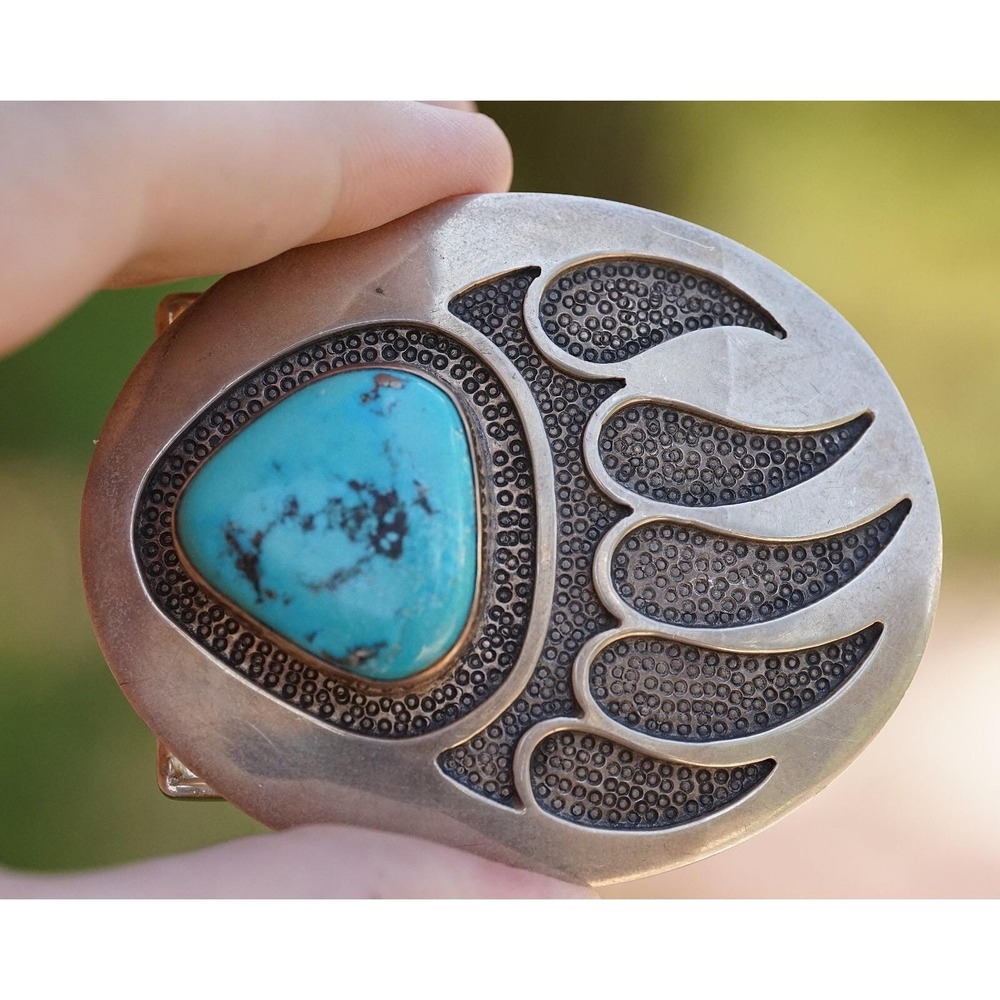Dan Oliver - Navajo Bear Claw Overlay Sterling Silver Turquoise Belt Buckle‎